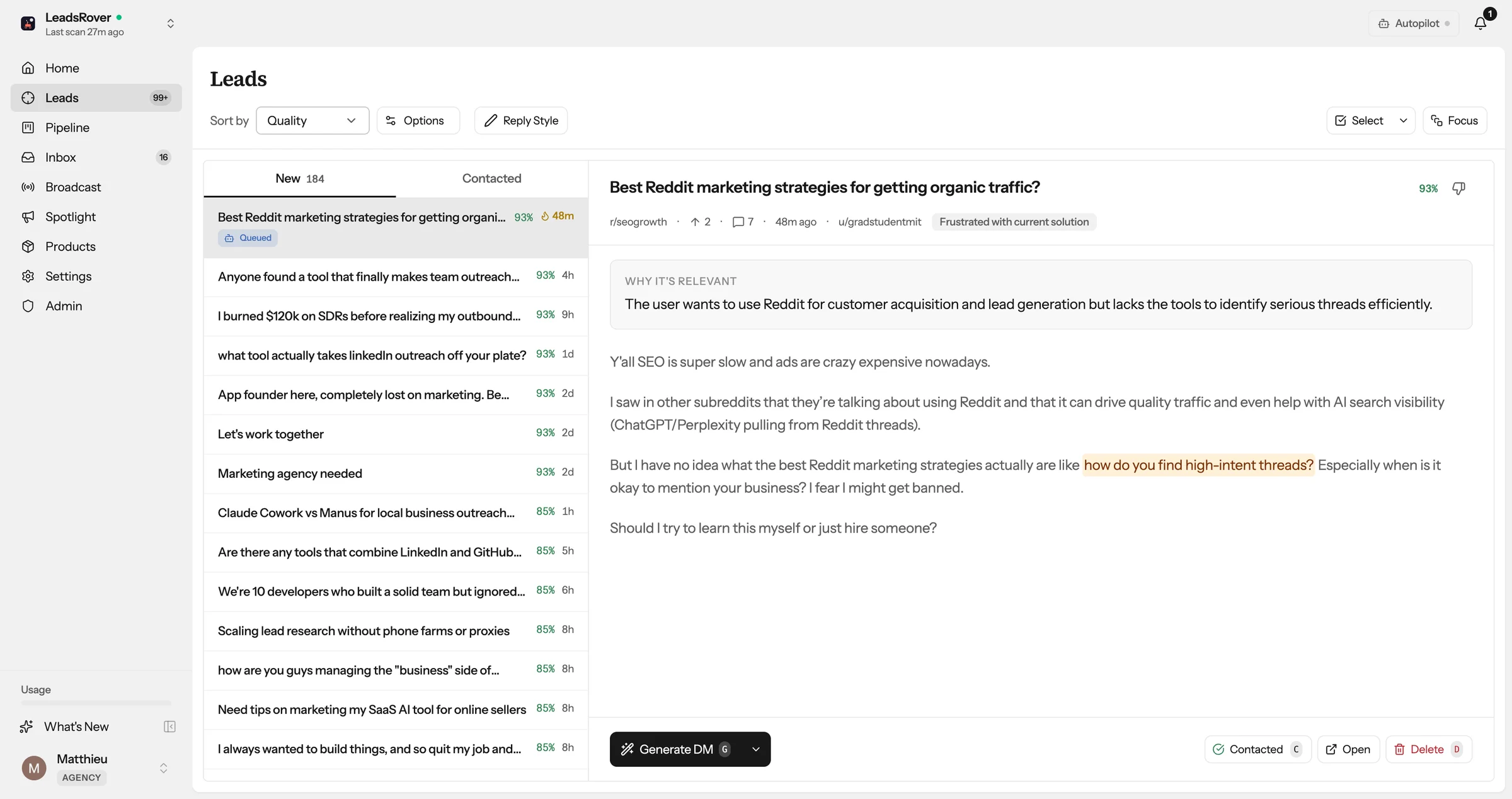 LeadsRover leads inbox showing AI-scored Reddit threads with reasoning for why each one is relevant
